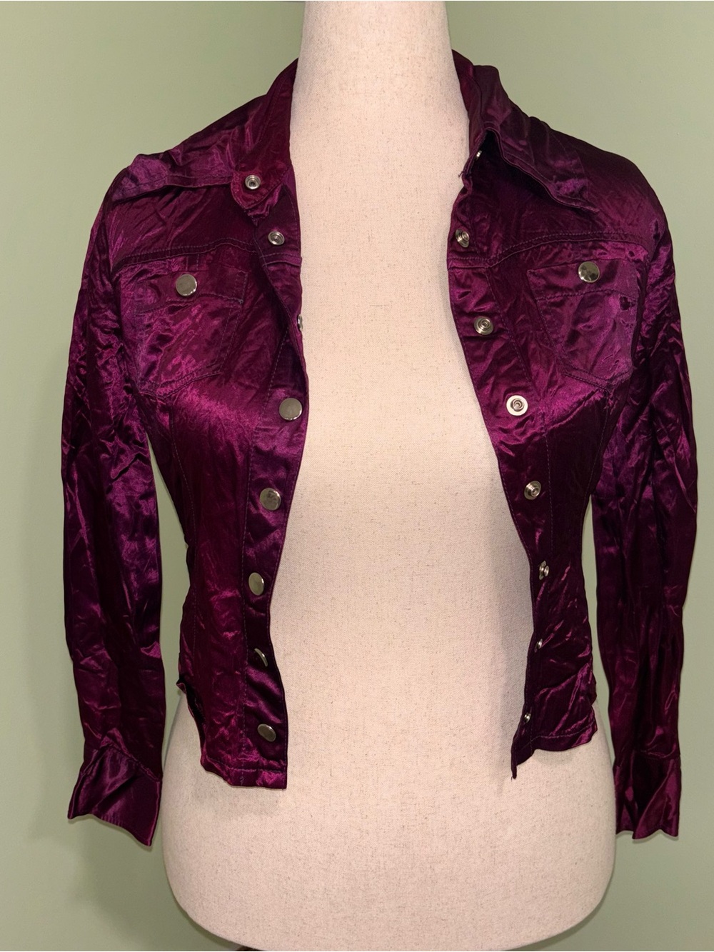 VTG Lip Service Burgundy Snap Up Shirt 90’s Grunge Satin Made In USA Women’s S
